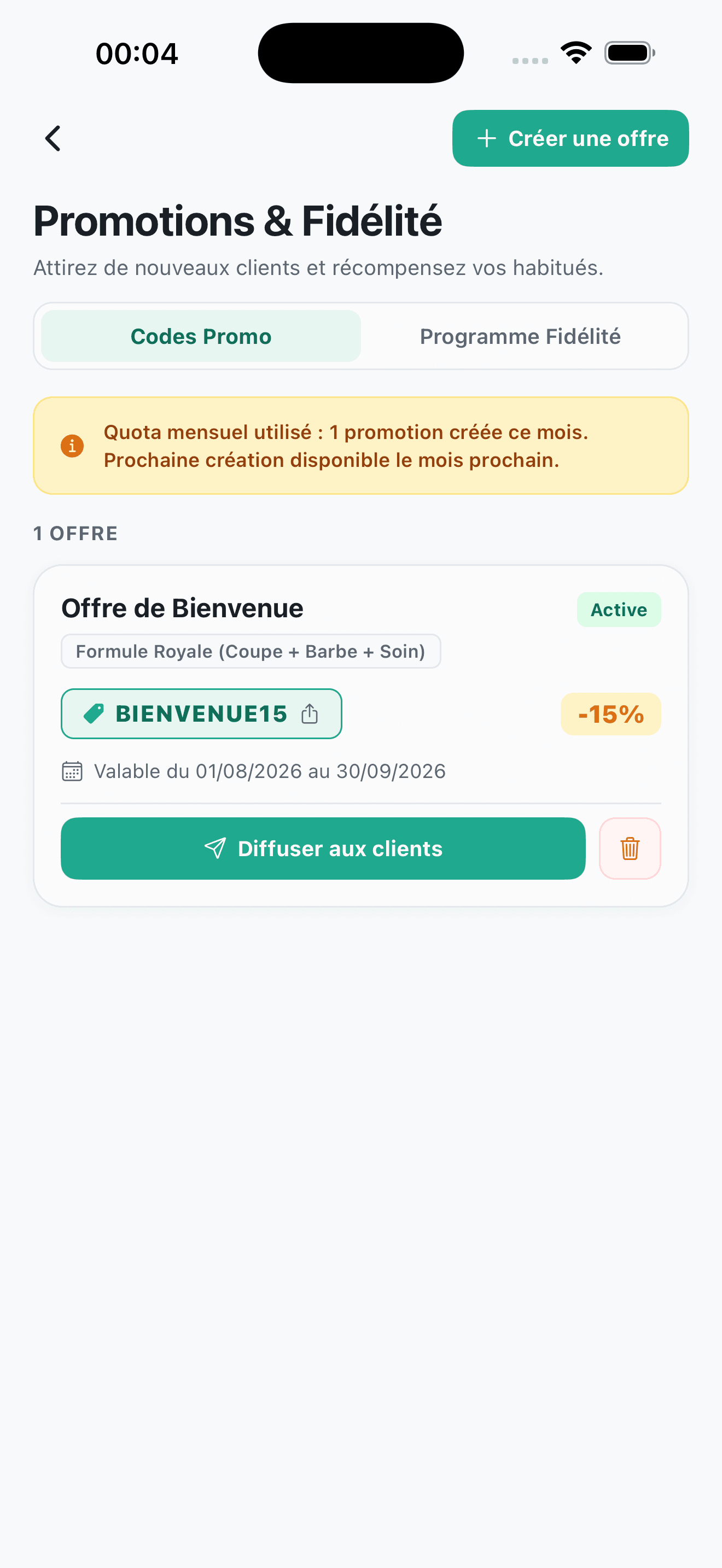 Écran Promotions RendezVia avec code promo actif et diffusion clients
