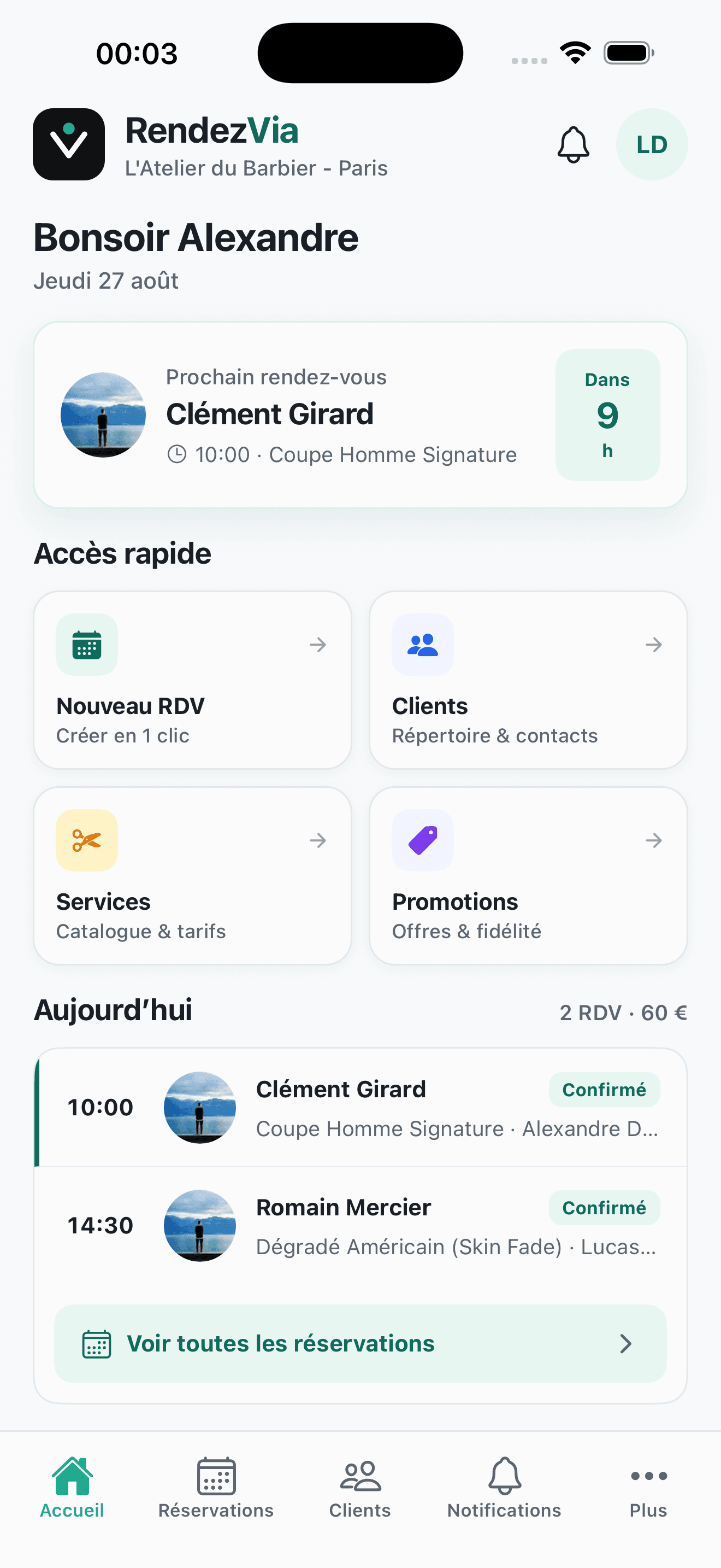 Application RendezVia : agenda du jour, prochain rendez-vous et accès rapide